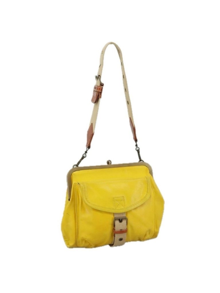 Authentic Miu Miu Shoulder Bag Leather Canvas Yellow Beige